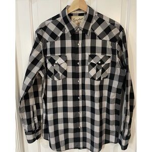 Coastal Pearl Snap Shirt Mens Large Black Gray Plaid Western Cowboy Rodeo